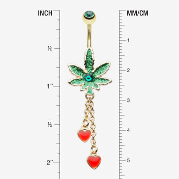 Detail View 1 of Golden Sparkle Cannabis Pot Leaf Hearts Belly Button Ring-Green